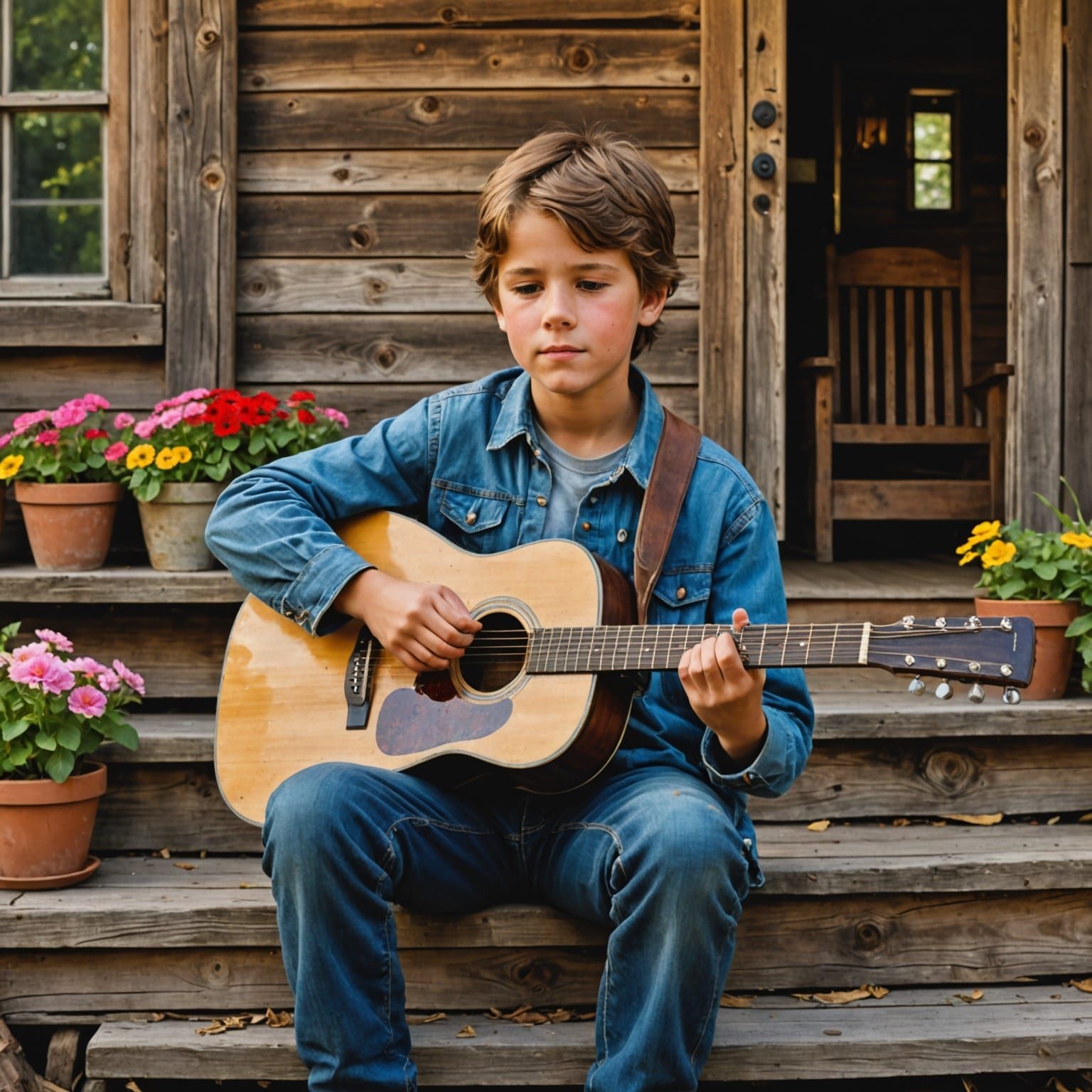 Boy Playing Guitar on Cabin Steps in Folk Art Style