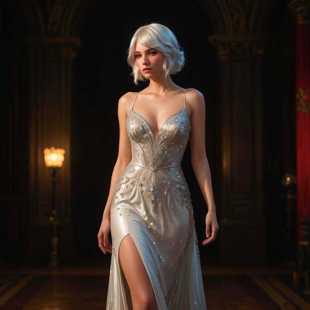 Elegant Woman with White Bob in Hyperdetailed Portrait