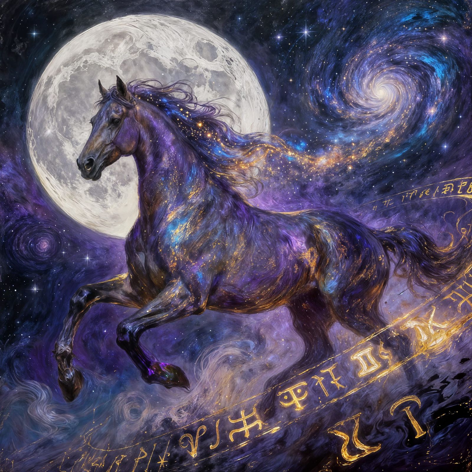 Iridescent Horse Gallops Through Cosmic Void