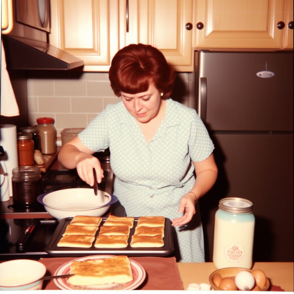 Homemaker in 1960s Kitchen Prepares Square Pancakes