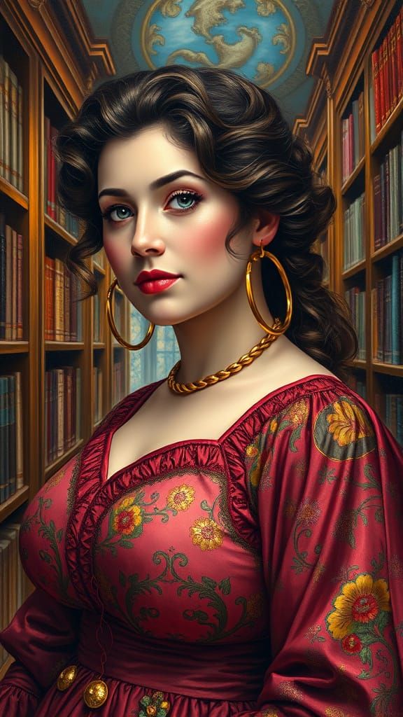 Victorian Woman in Library: Polychromatic Oil Painting
