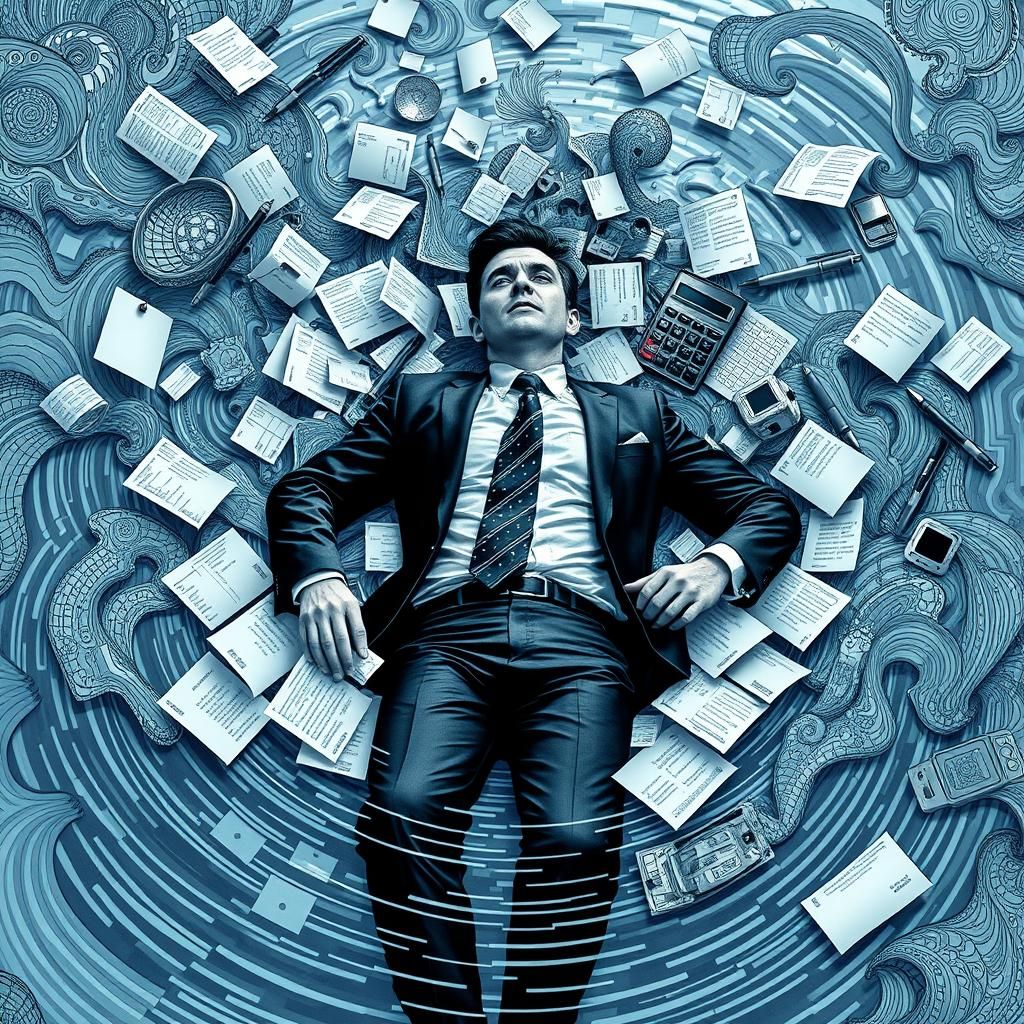 Surreal Businessman Drowning in Paperwork, Digital Art