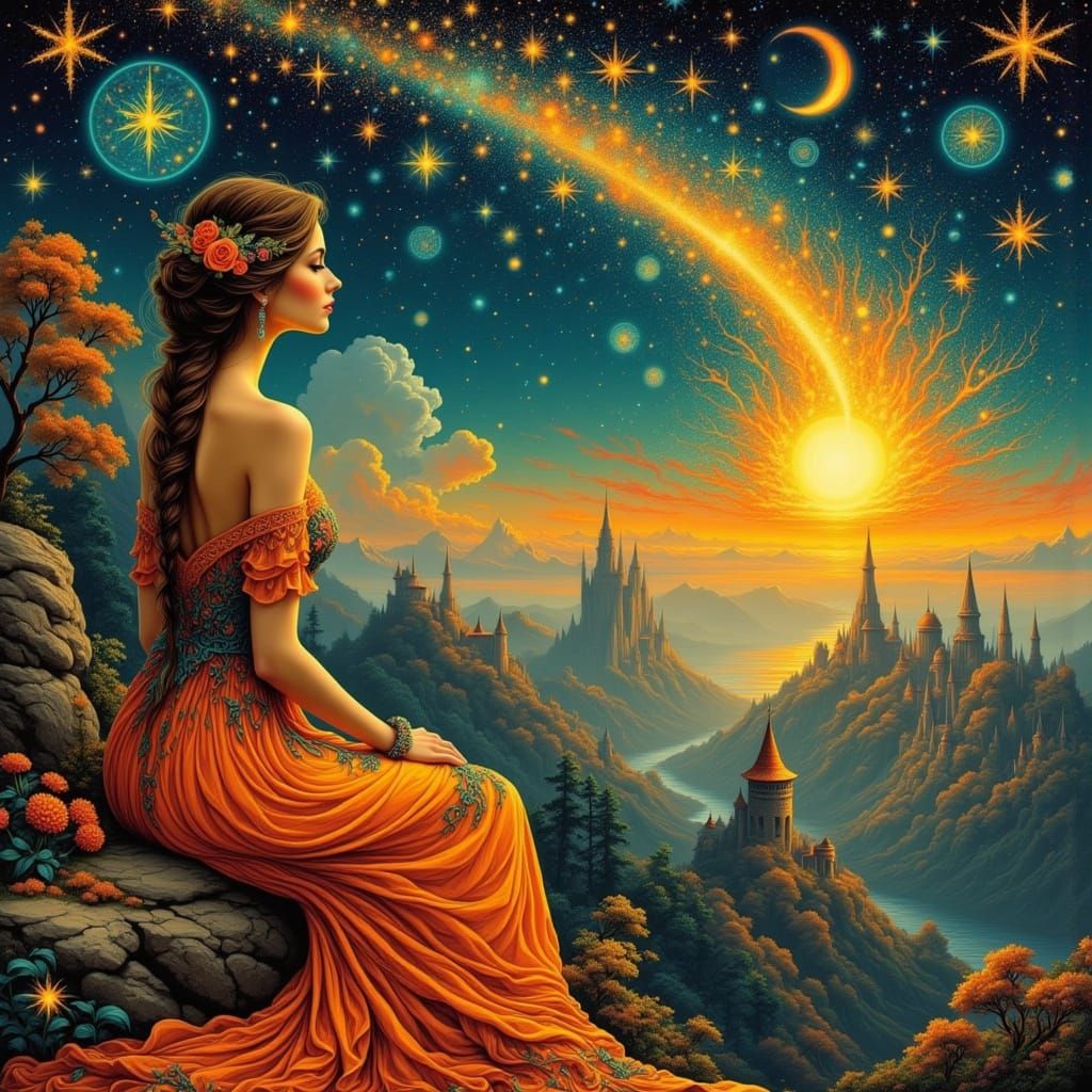 Ethereal Woman Gazes at Starry Sky in Fantasy City