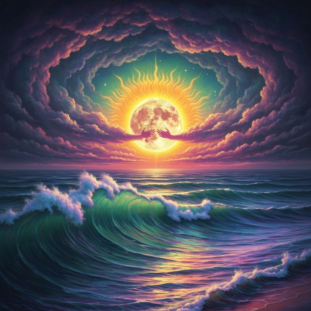 Psychedelic Ocean Waves: Sun, Moon, and Stormy Sky