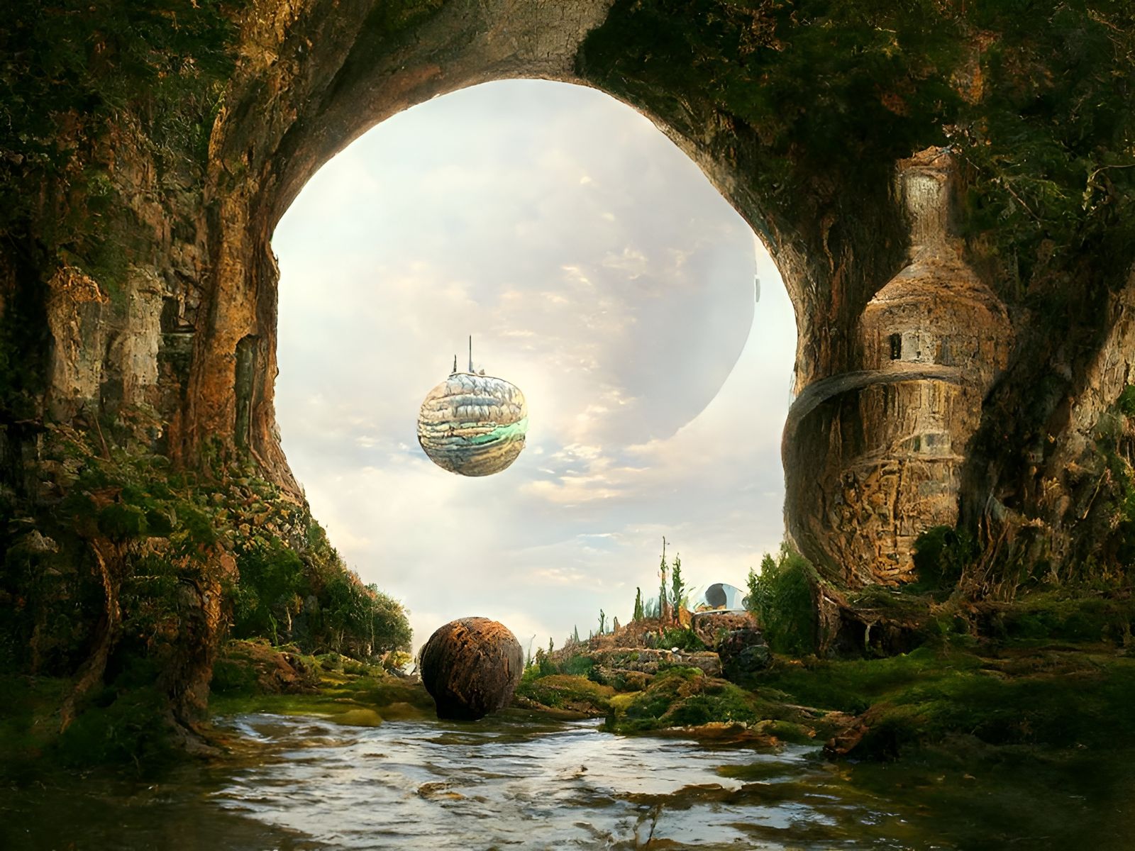 Surreal Sci-Fi Landscape Inside Sphere, Digital Rendering