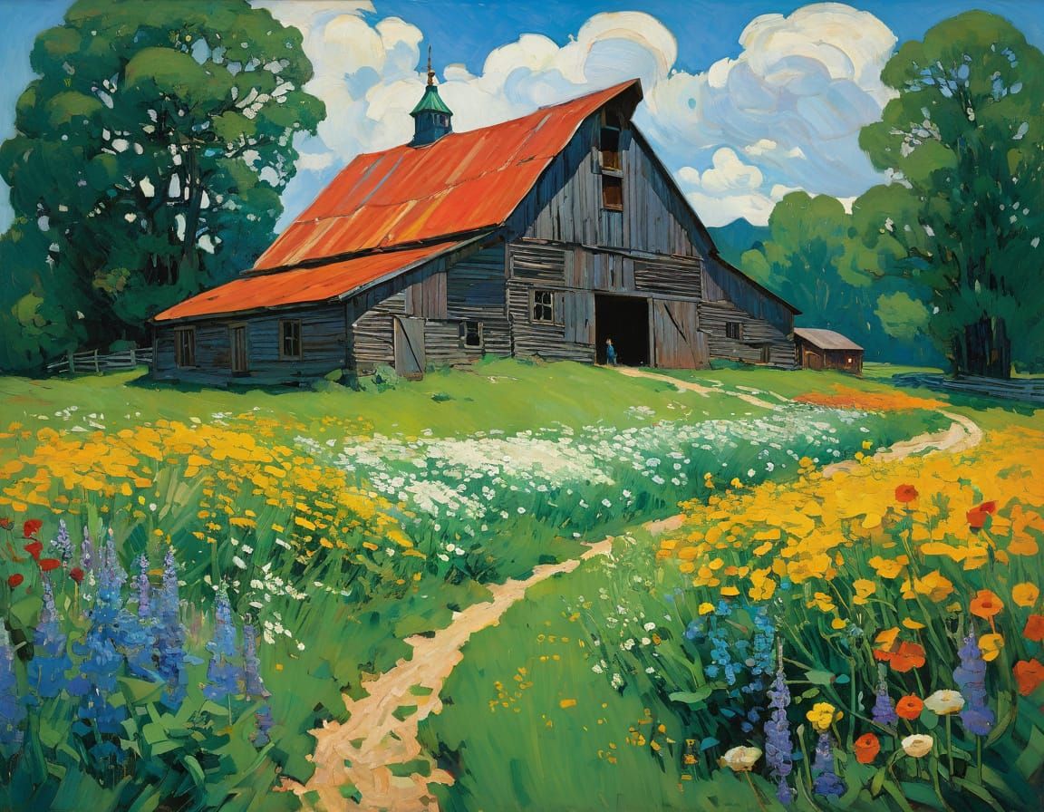Whimsical Old Barn in a Blooming Field