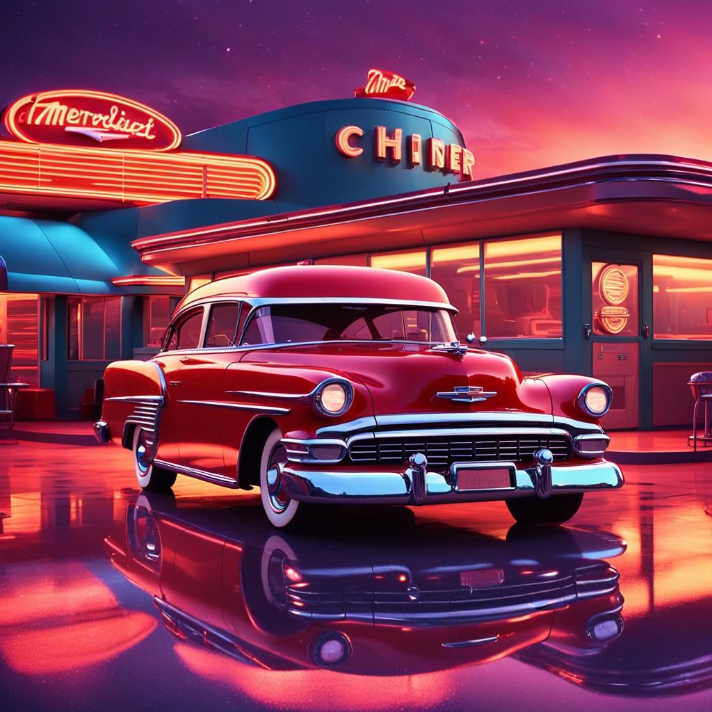 Retro-Futuristic 1950s Chevy at Diner, 3D Render