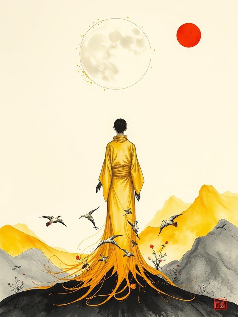 Whispering Ink Figure Beneath a Celestial Calligraphy Moon