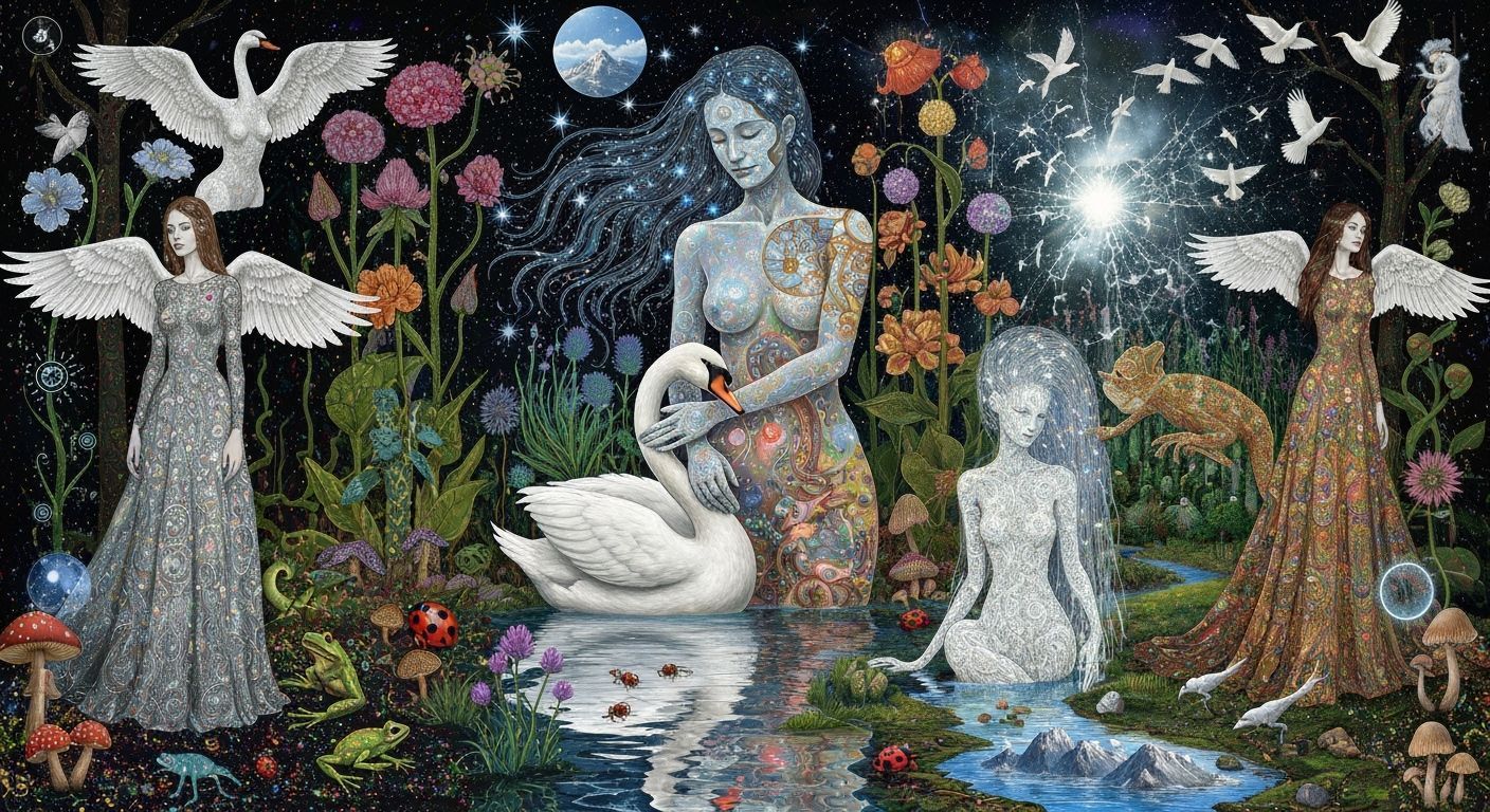 Surreal Garden Party: Women with Seal Tongues & Swan Wings