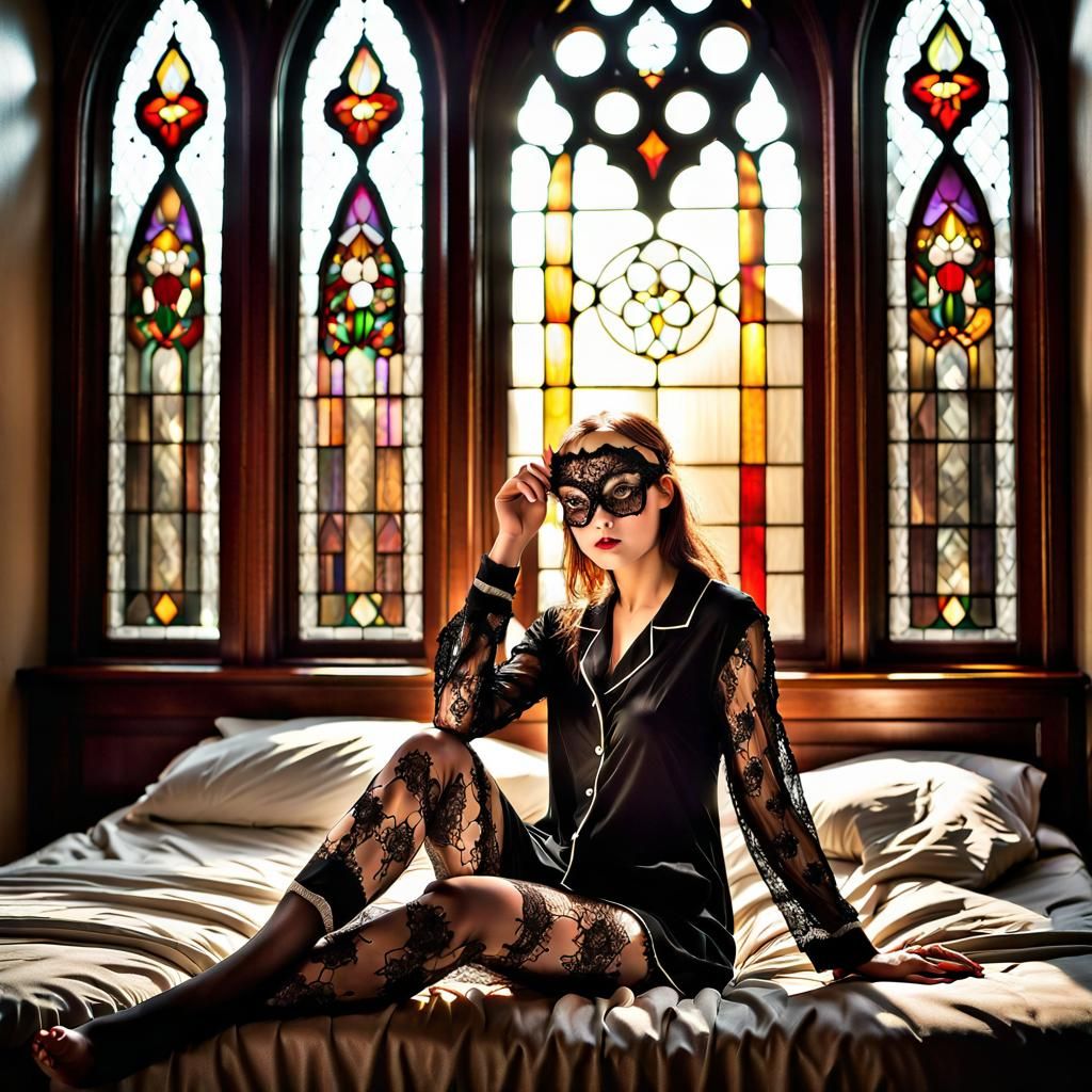 Girl in Lace PJs in Gothic Bedroom, Fine Art Photography