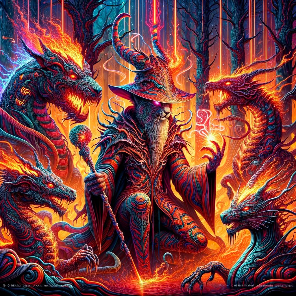 Psychedelic Wizard with Melting Metal Dragons