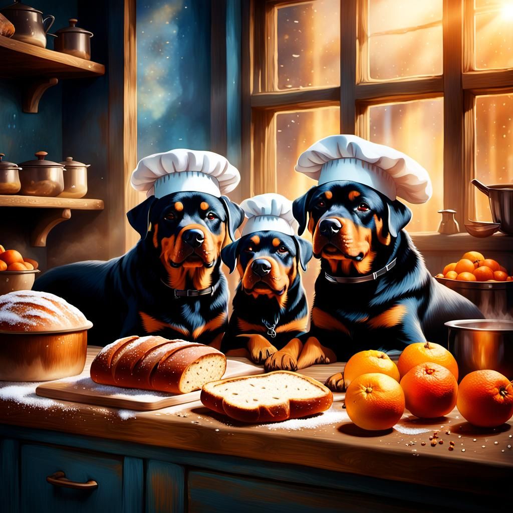 Rottweiler Chefs Baking Bread: Fantasy Concept Art