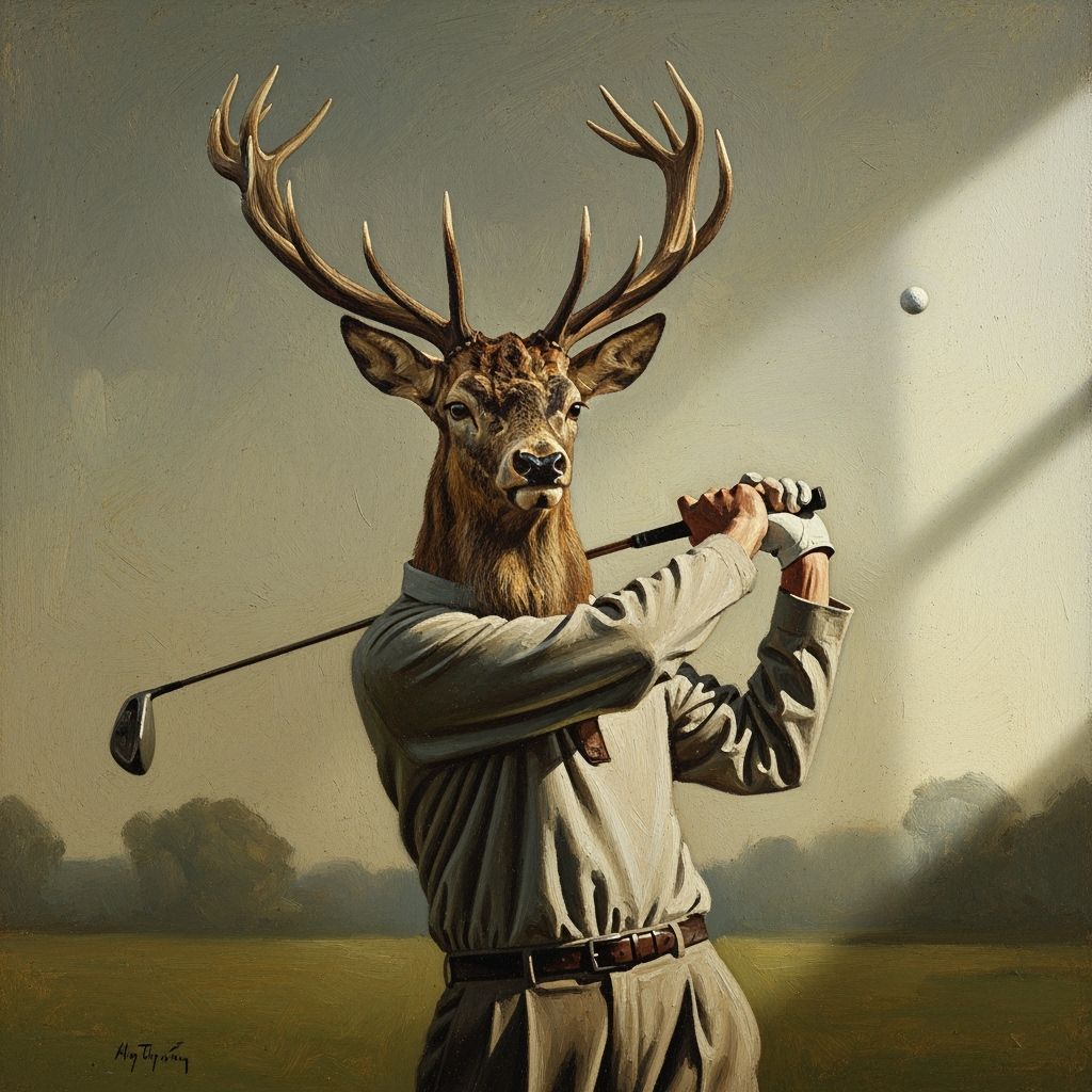 Vintage Stag Golfer in 1930s Oil Painting Style