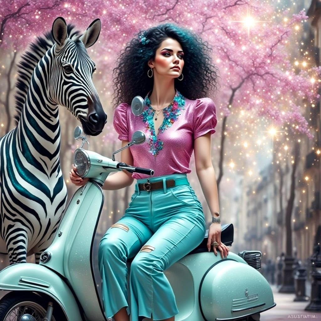 Elegant Parisian Girl on Vibrant Vespa with Zebra