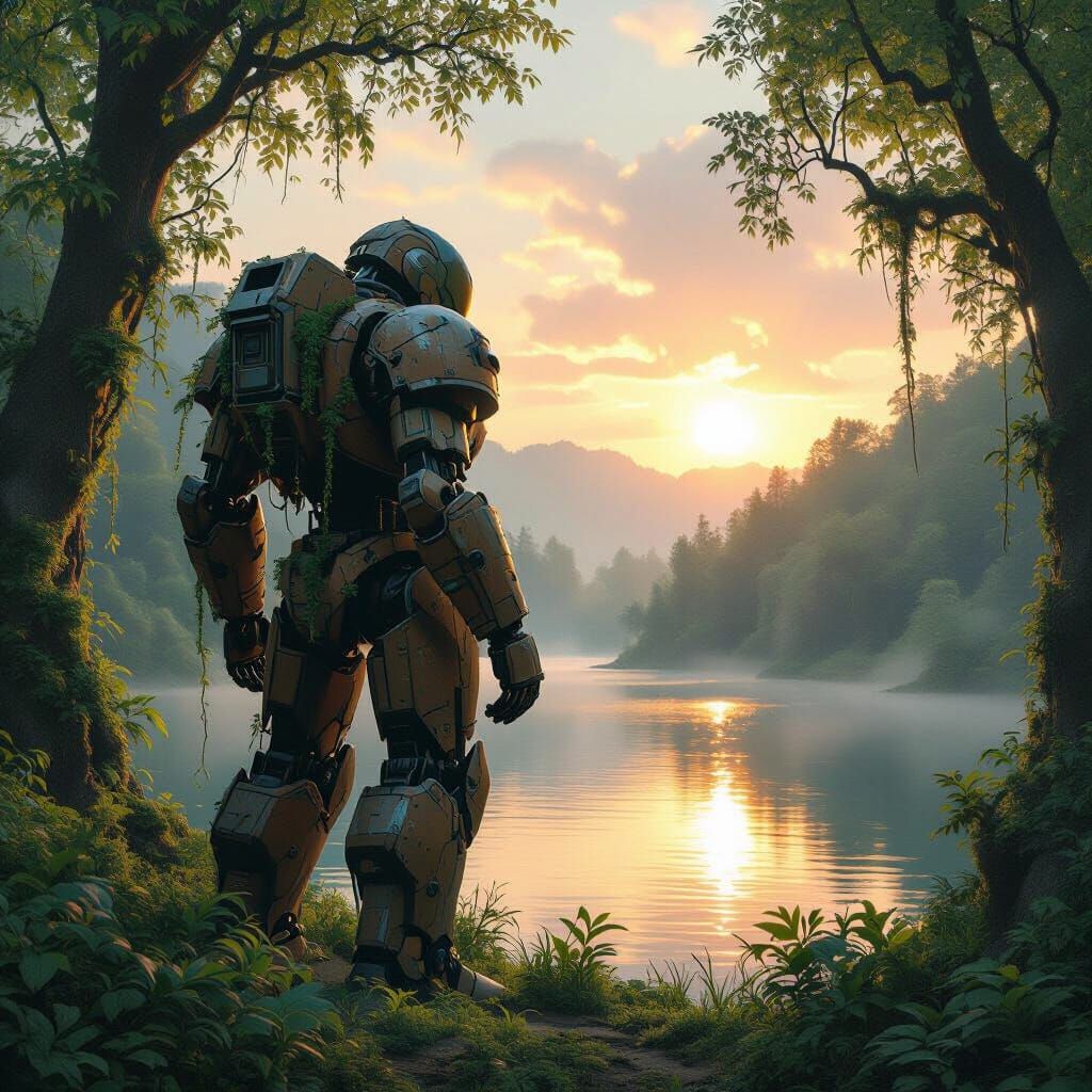 Colossal Robot in Overgrown Forest, Digital Art