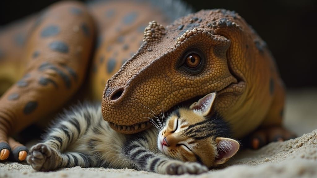 Tyrannosaurus Rex Gently Holds Sleeping Kitten