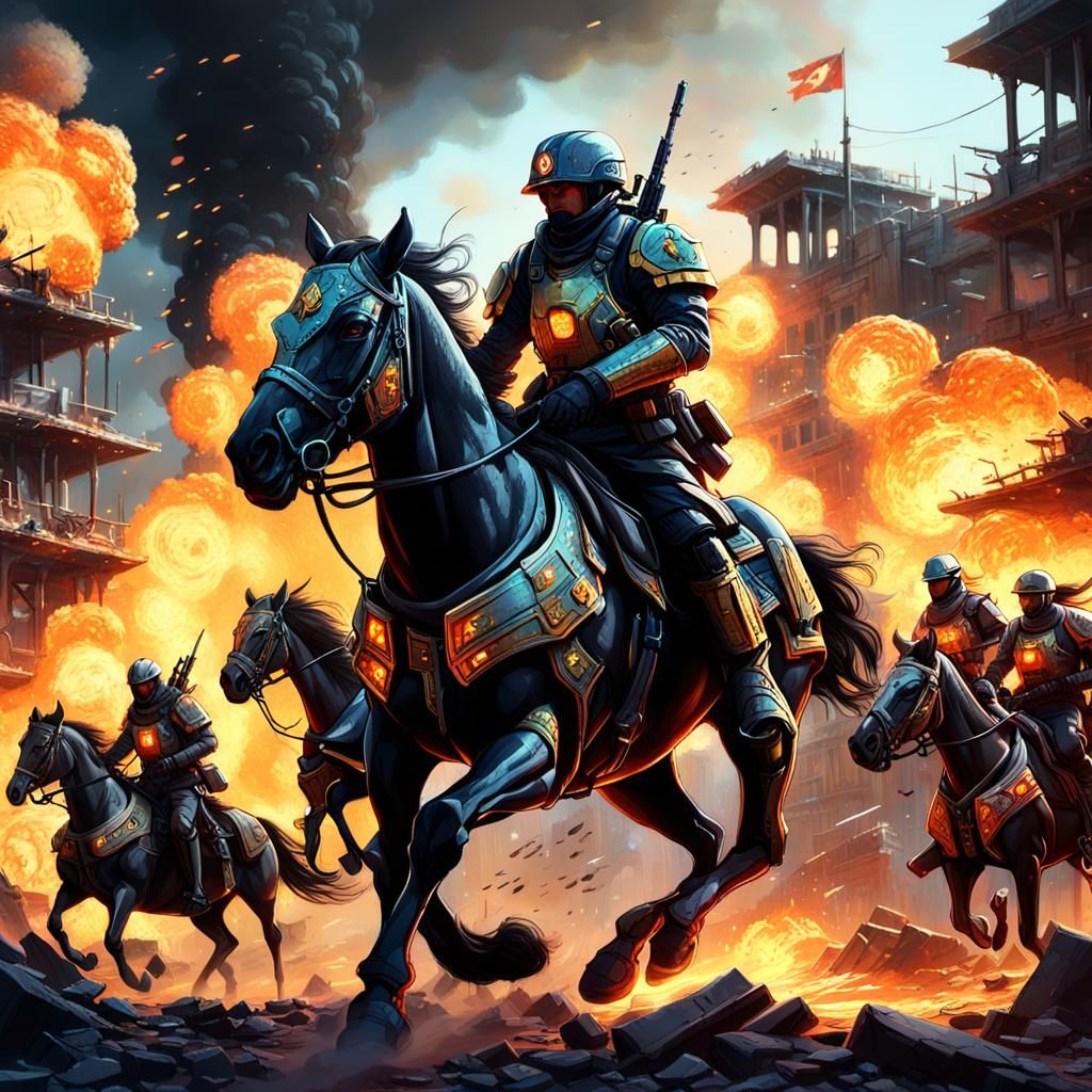 Cyberpunk Cavalry Charge Through Ruins with Explosions