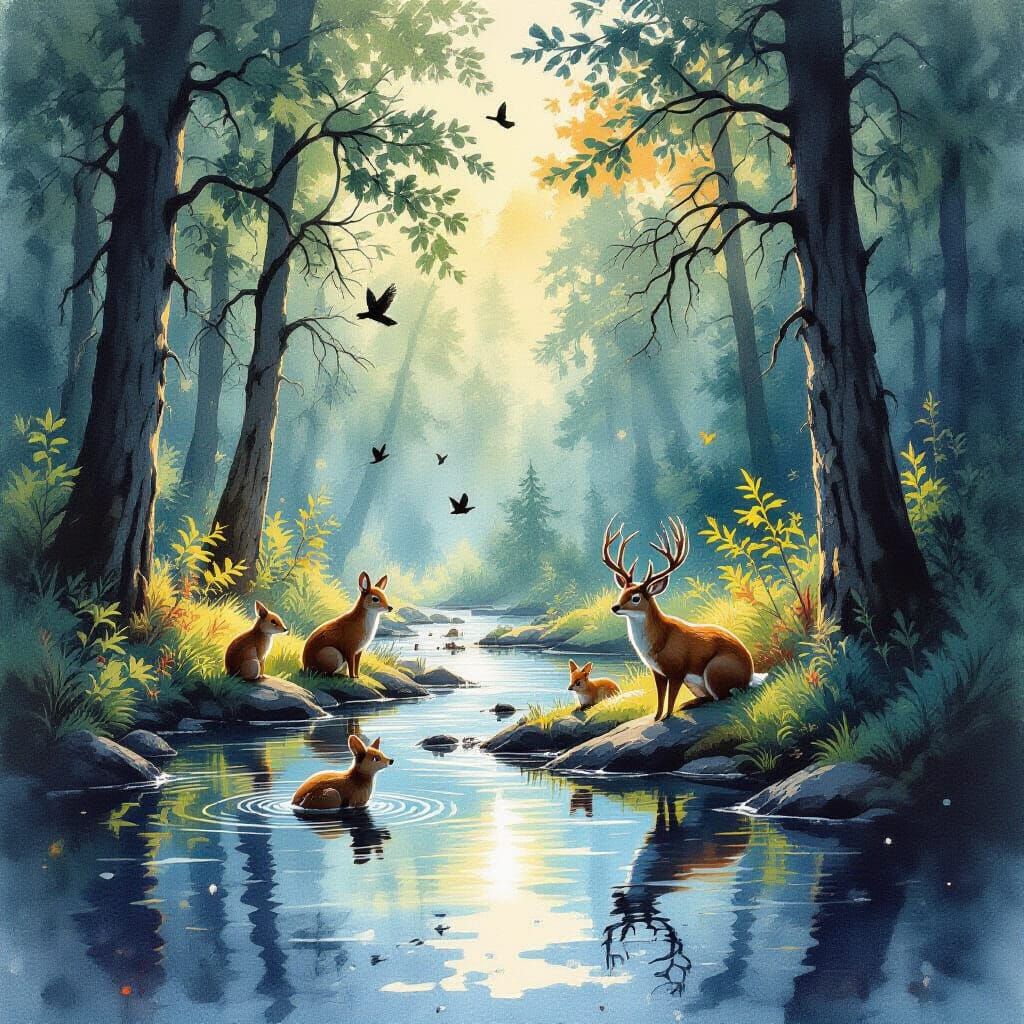 New England Forest Alive with Animals in Watercolor Ink Spla...