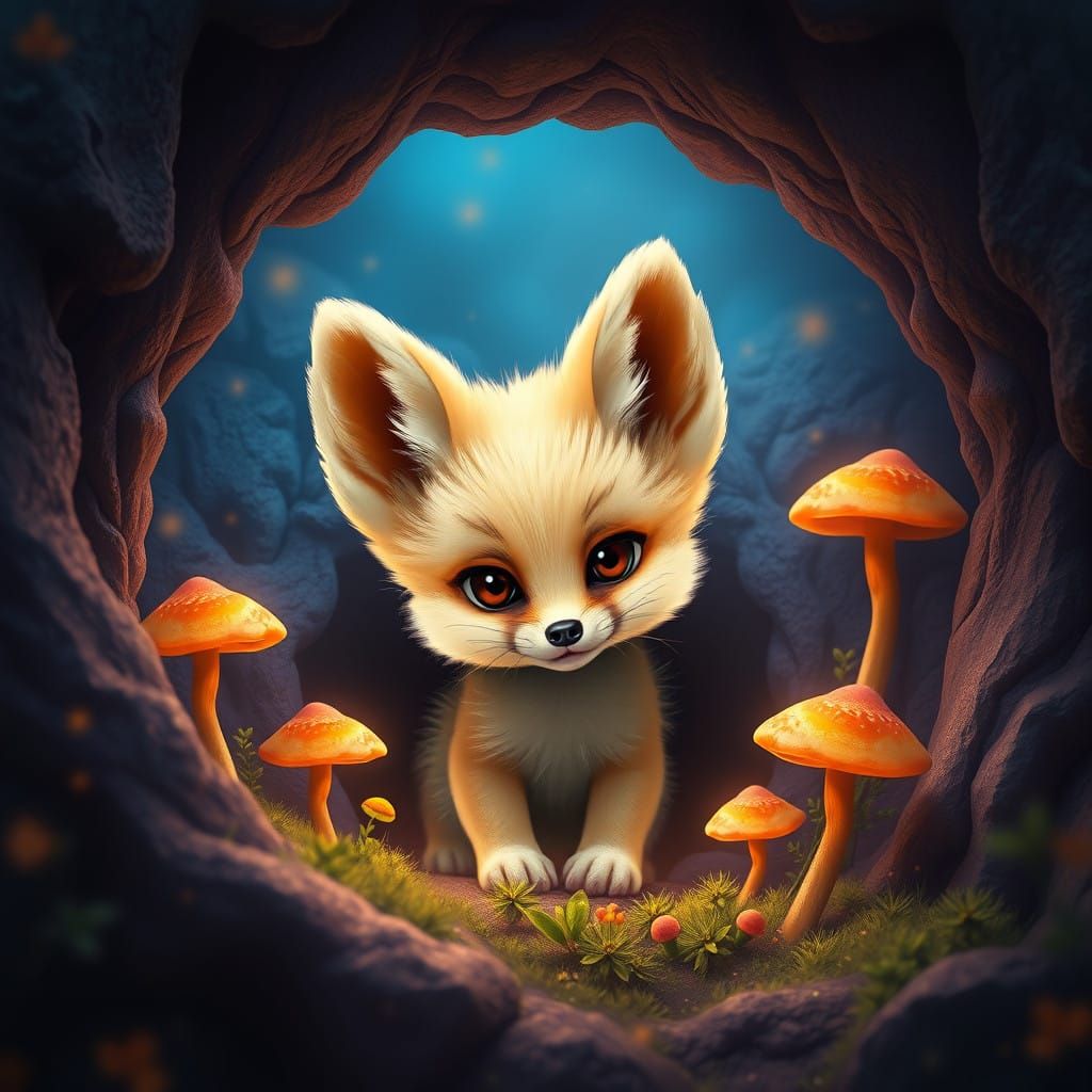 Whimsical Fennec Fox Pup Emerge from Ancient Stone Hole