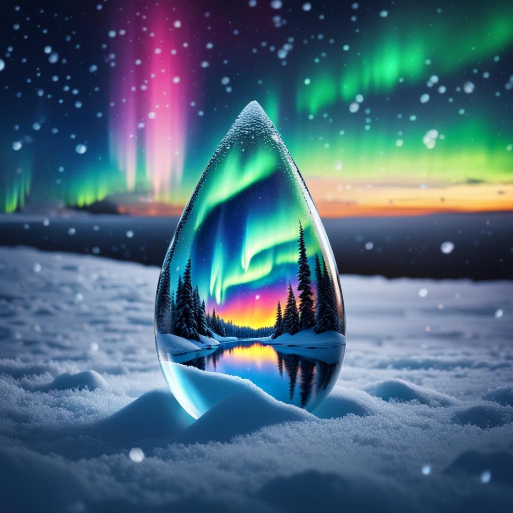Aurora Borealis Winter Landscape in a Raindrop
