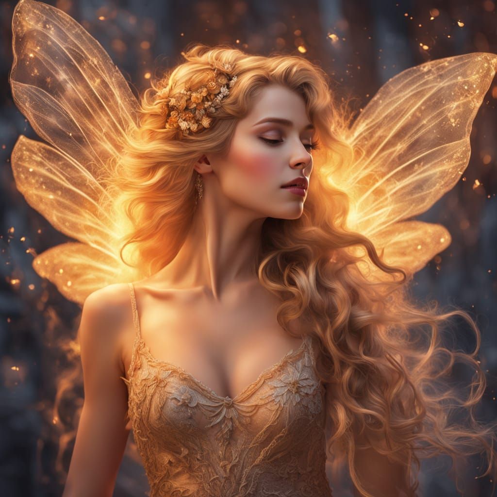 Ethereal Fairy Radiates Golden Light in Whispers of Soft Emb...