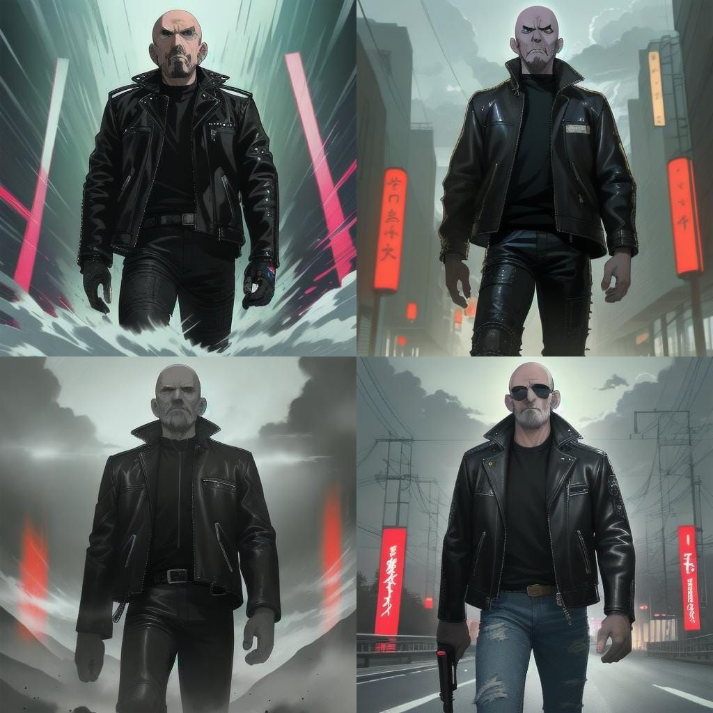 Anime-Style Bald Biker Man Portrait