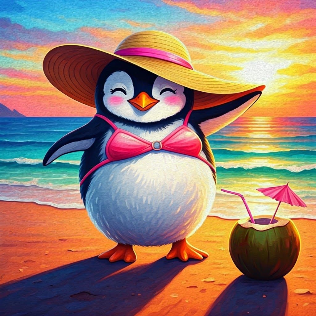 Whimsical Penguin Beach Scene in Neo-Expressionist Style