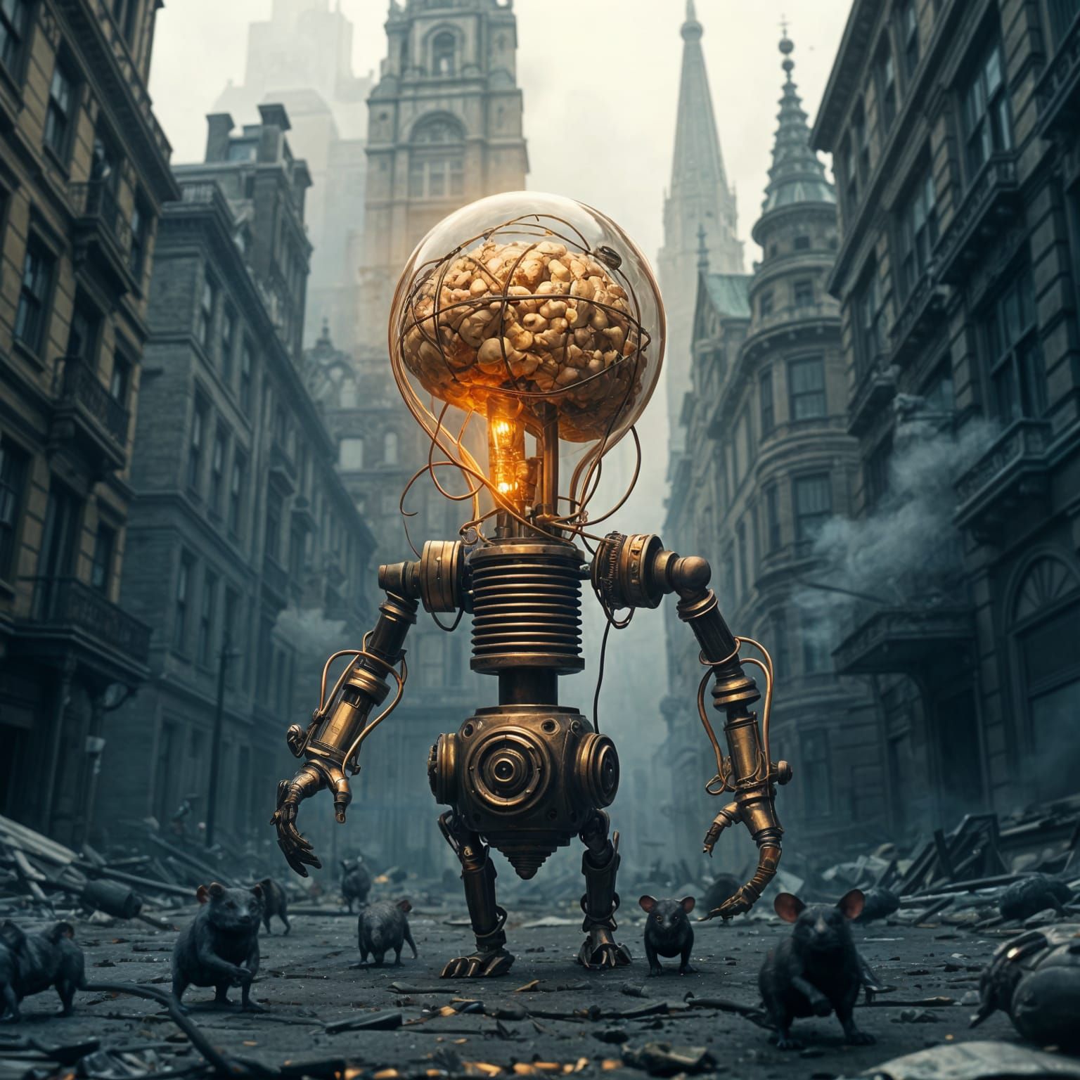 Steampunk Robot Strolls Abandoned Streets in Golden Light