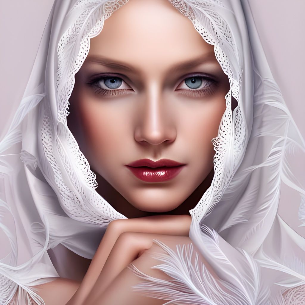 Elegant Woman in White Lace and Feathers