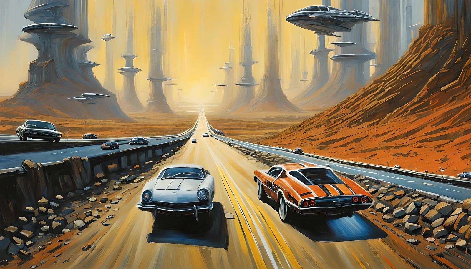 Futuristic Highway with Fast Cars, retro science fiction painting