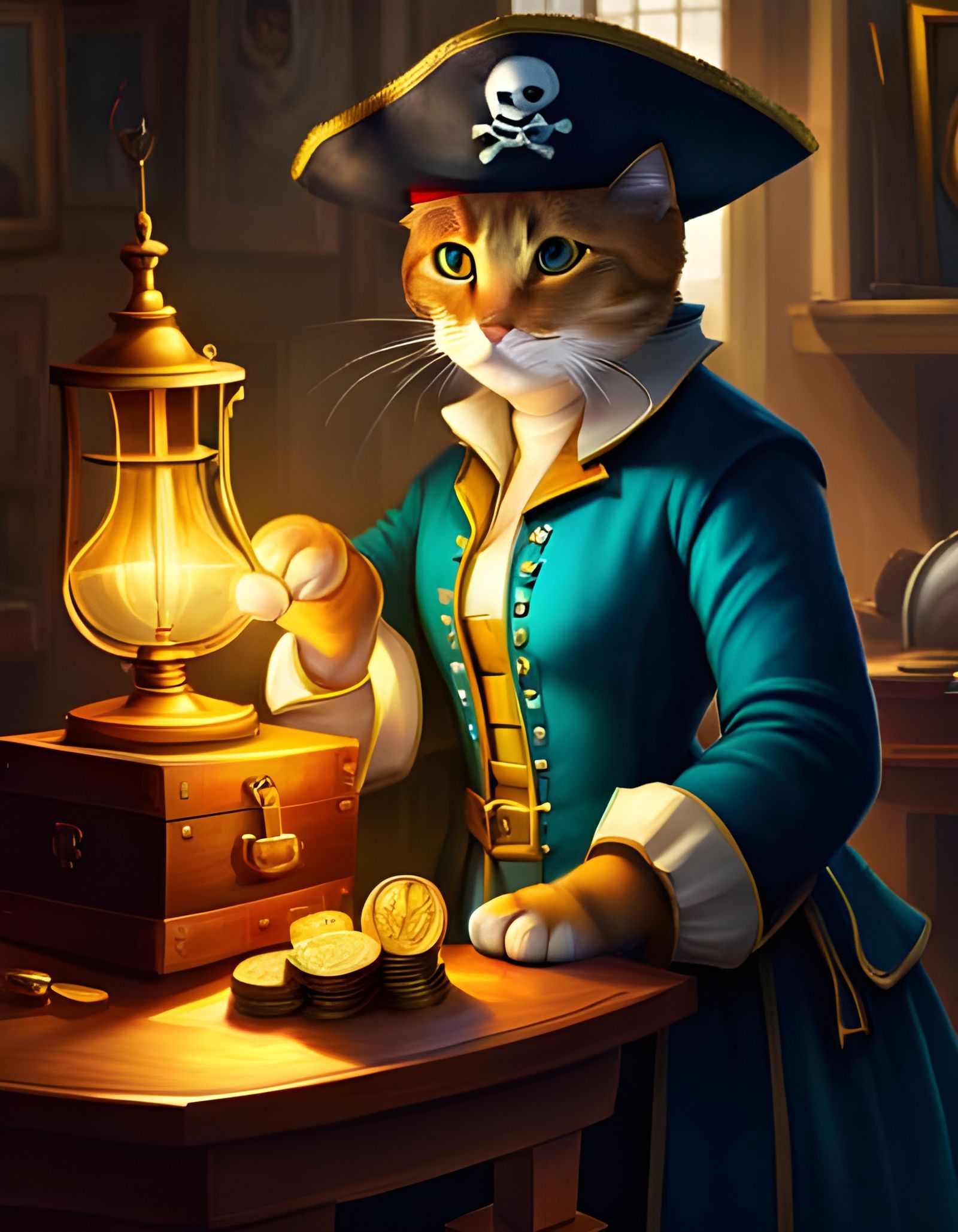 Pirate Cat Captain is counting her gold