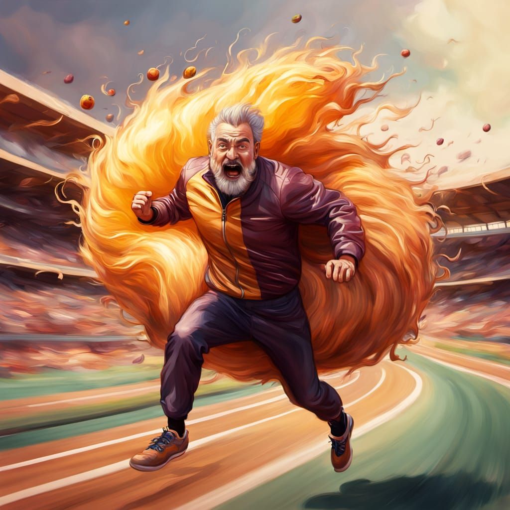 Man Races on Giant Plum in Surreal Oil Painting