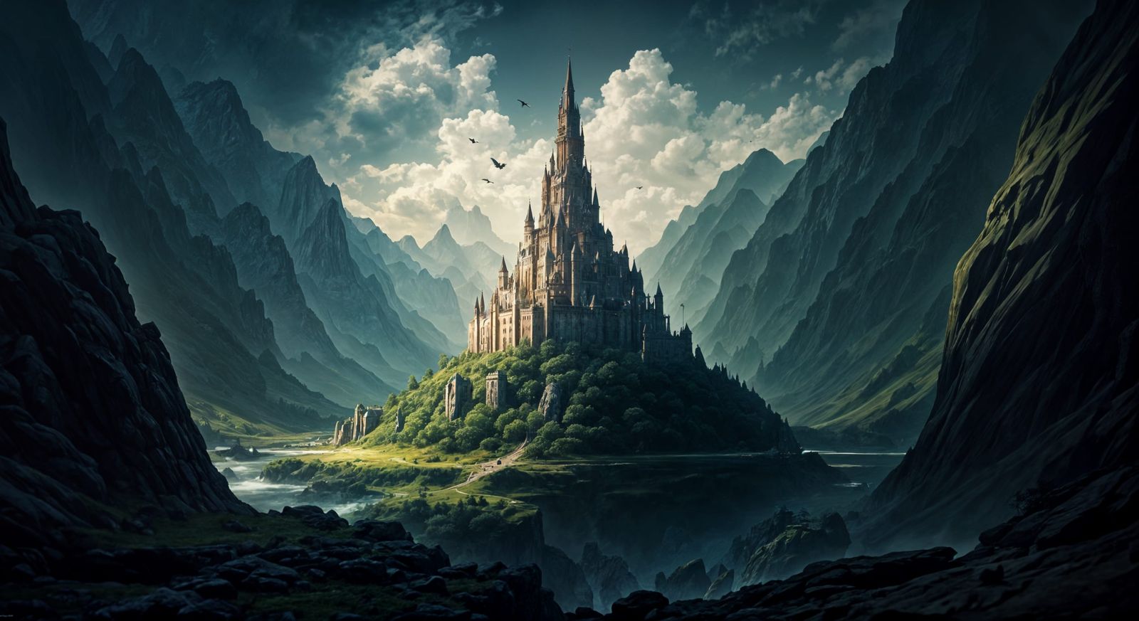 Fantastical Castle in Mountains: Detailed Matte Painting