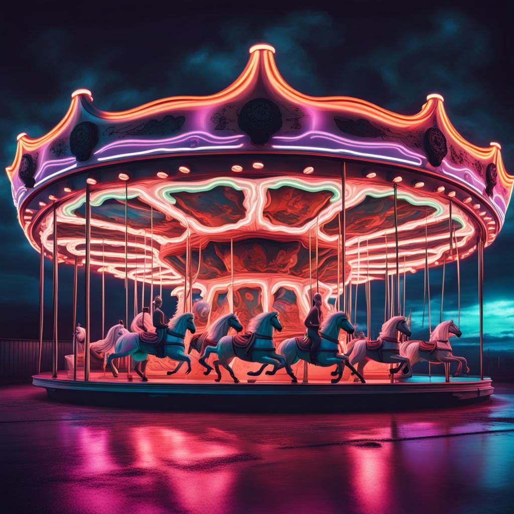 Eerie Carousel with Ghosts in Synthwave Style