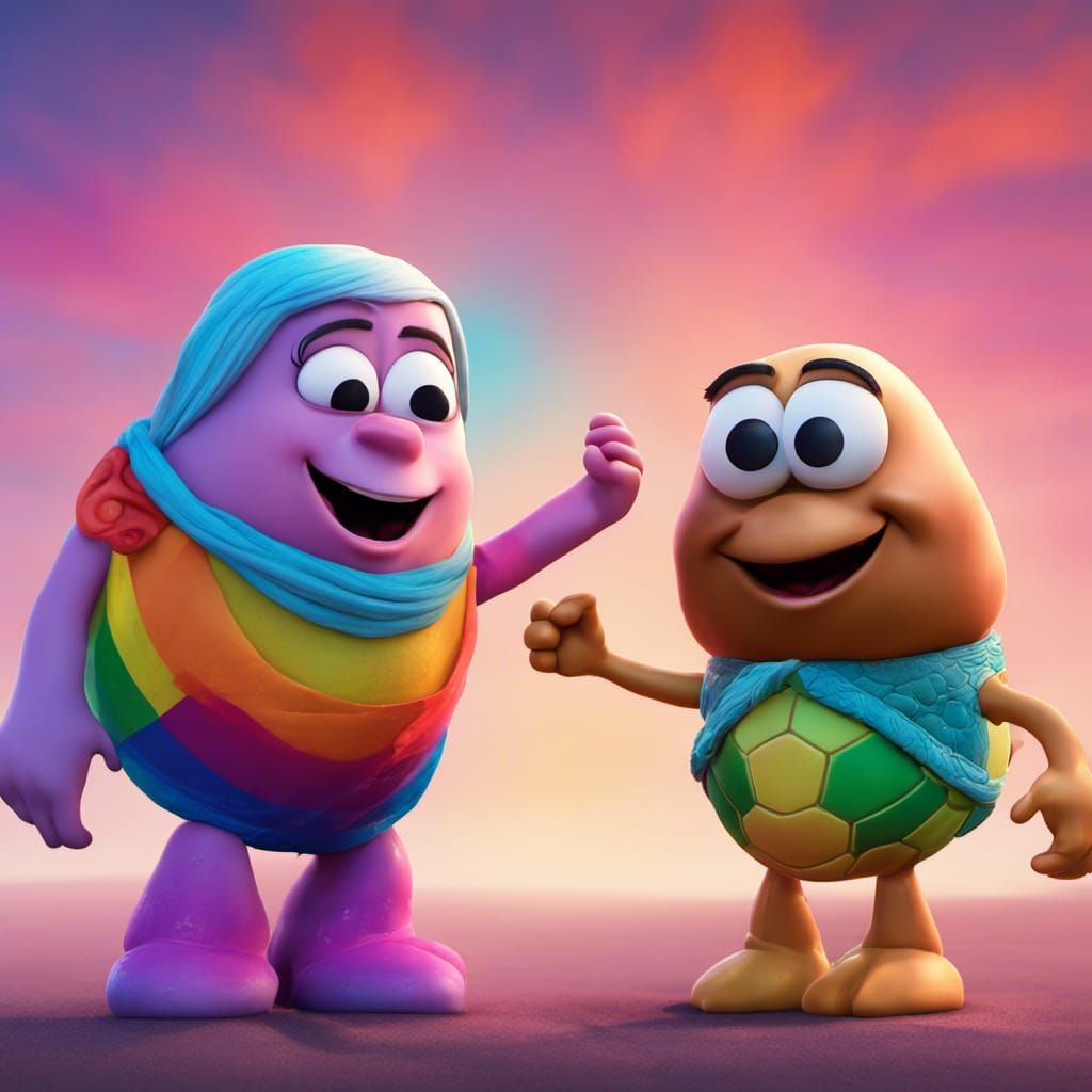 Elsa and mr. potato head holding hands, friends, rainbow, Ha...