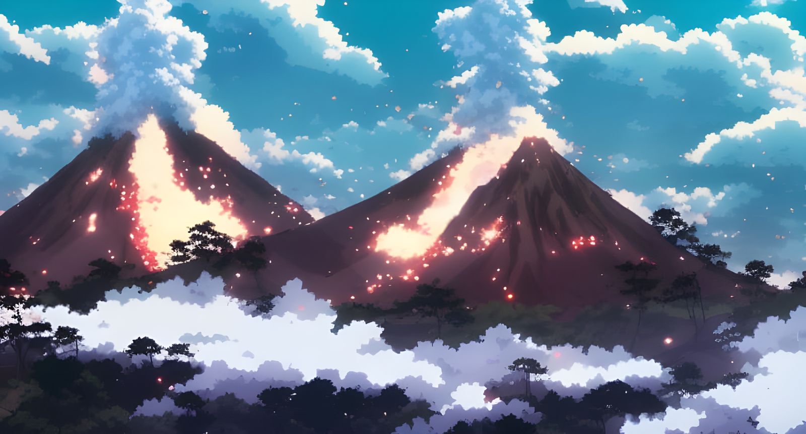 Sakura Volcano Eruption in Anime Style