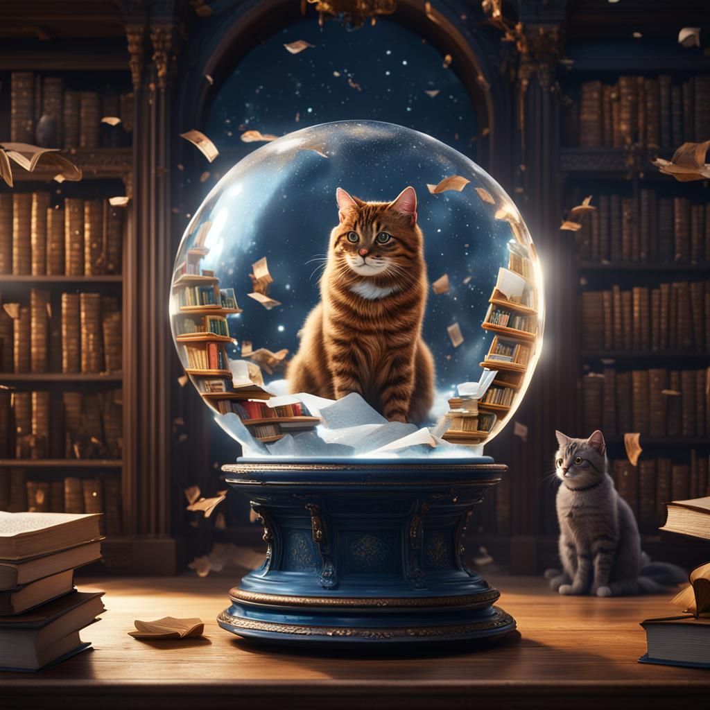 Cats in Snowglobe Library: Fantasy Concept Art