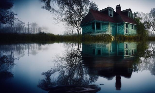 Abandoned Horror House with Water Reflection