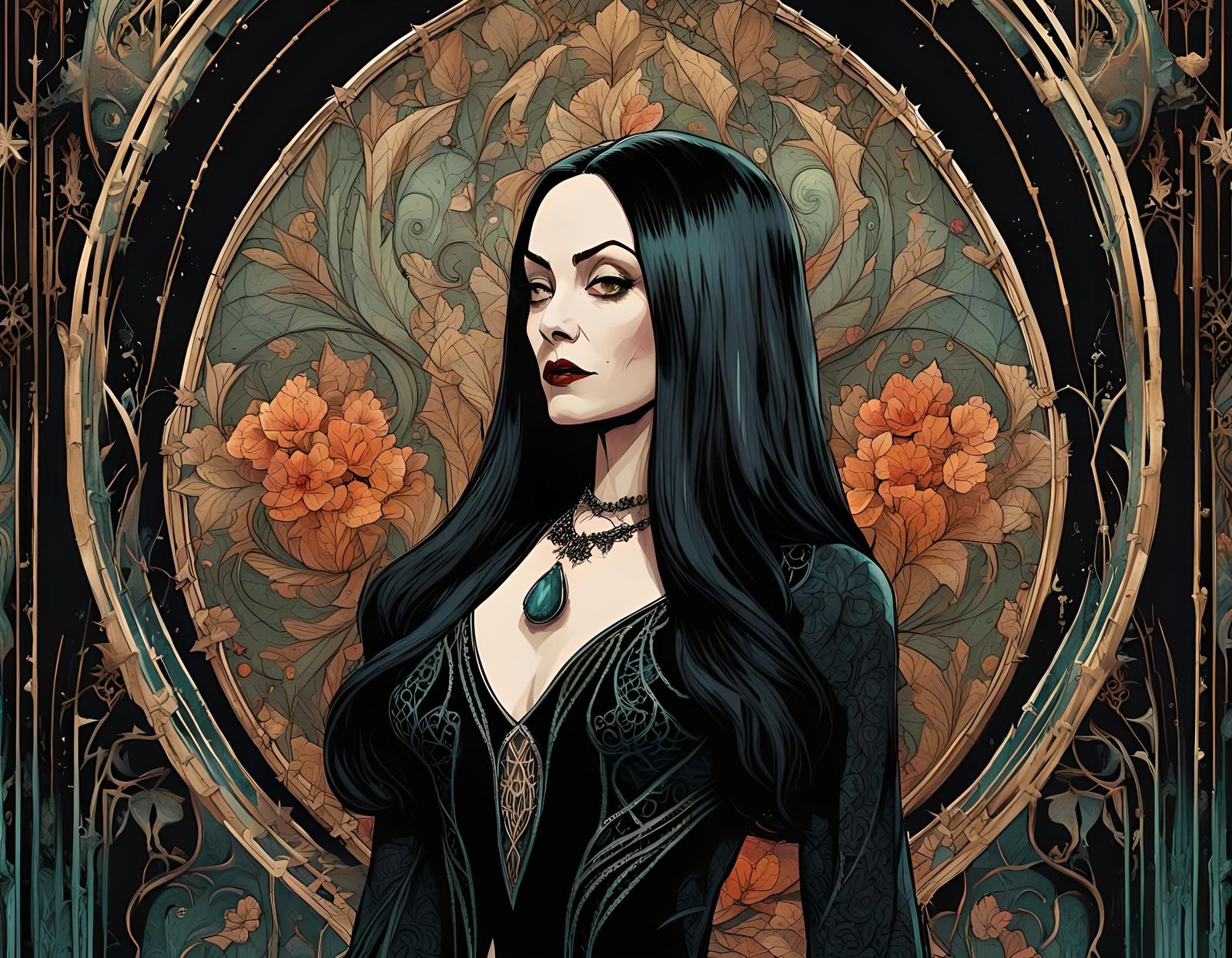 Morticia Addams in Intricate Digital Fantasy Art