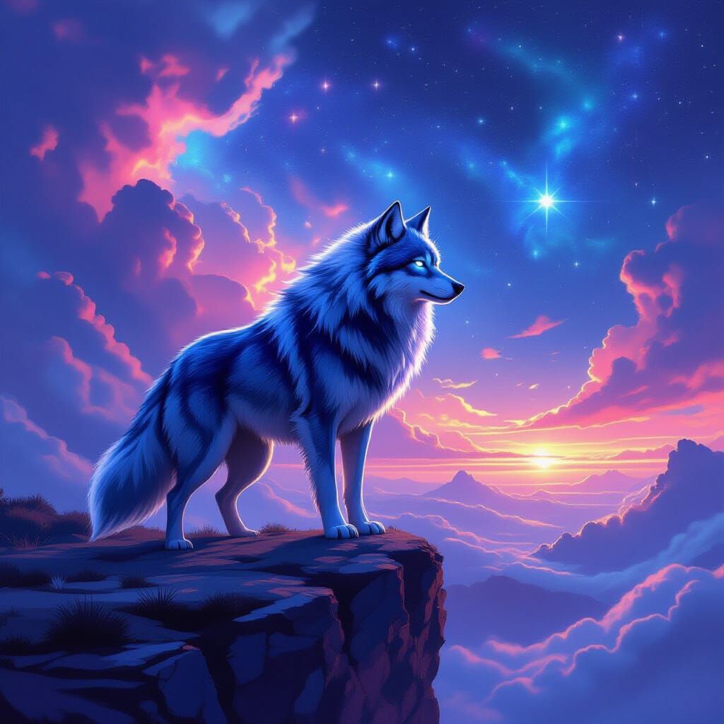 Celestial Wolf Overlooking Nebula Sky in Concept Art Style