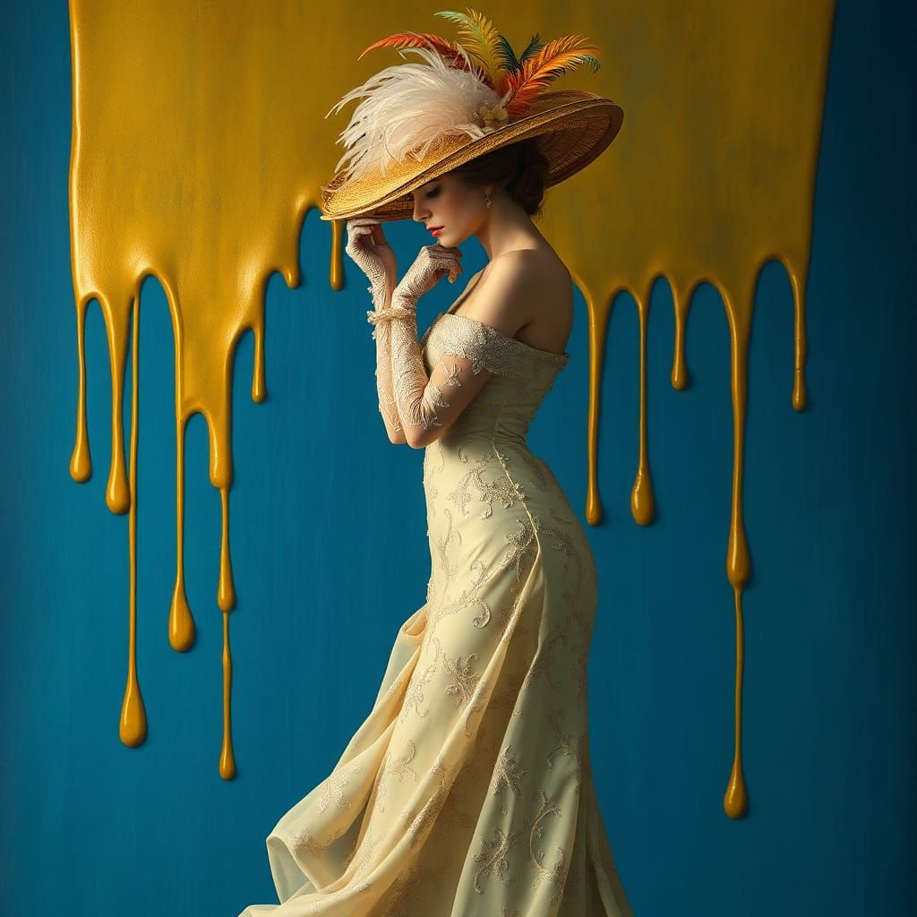 Surreal Woman in Embroidered Gown, Dreamlike Art