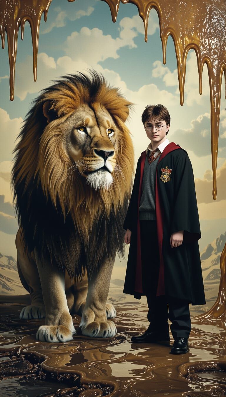 Harry Potter and Lion in Surreal Oil Painting Style