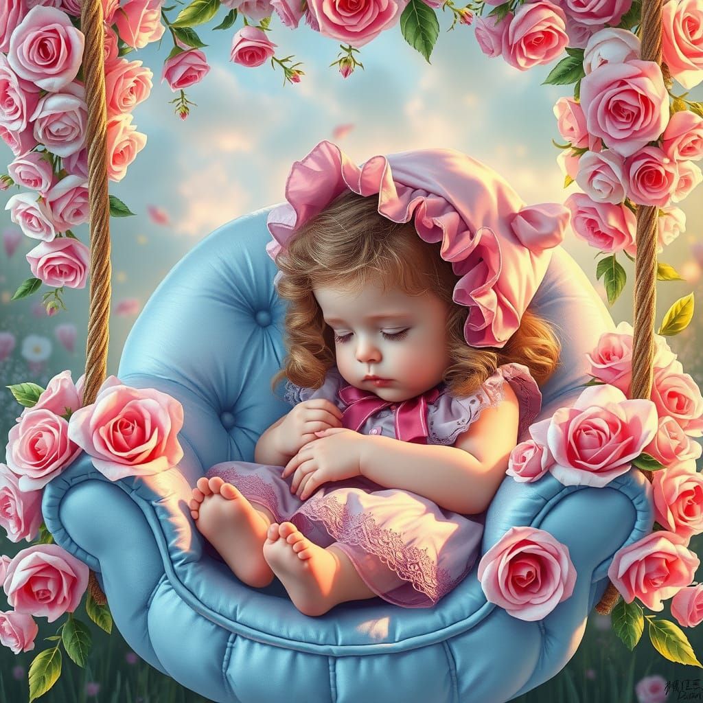 Baby Asleep on Floral Swing in Whimsical Style