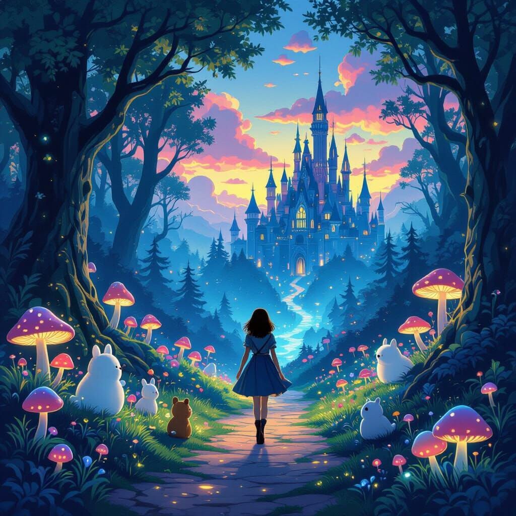 Bioluminescent Forest Path in Studio Ghibli Style