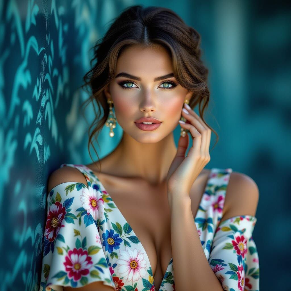 an exquisitely sensual woman adorned in a floral Art Deco-in...