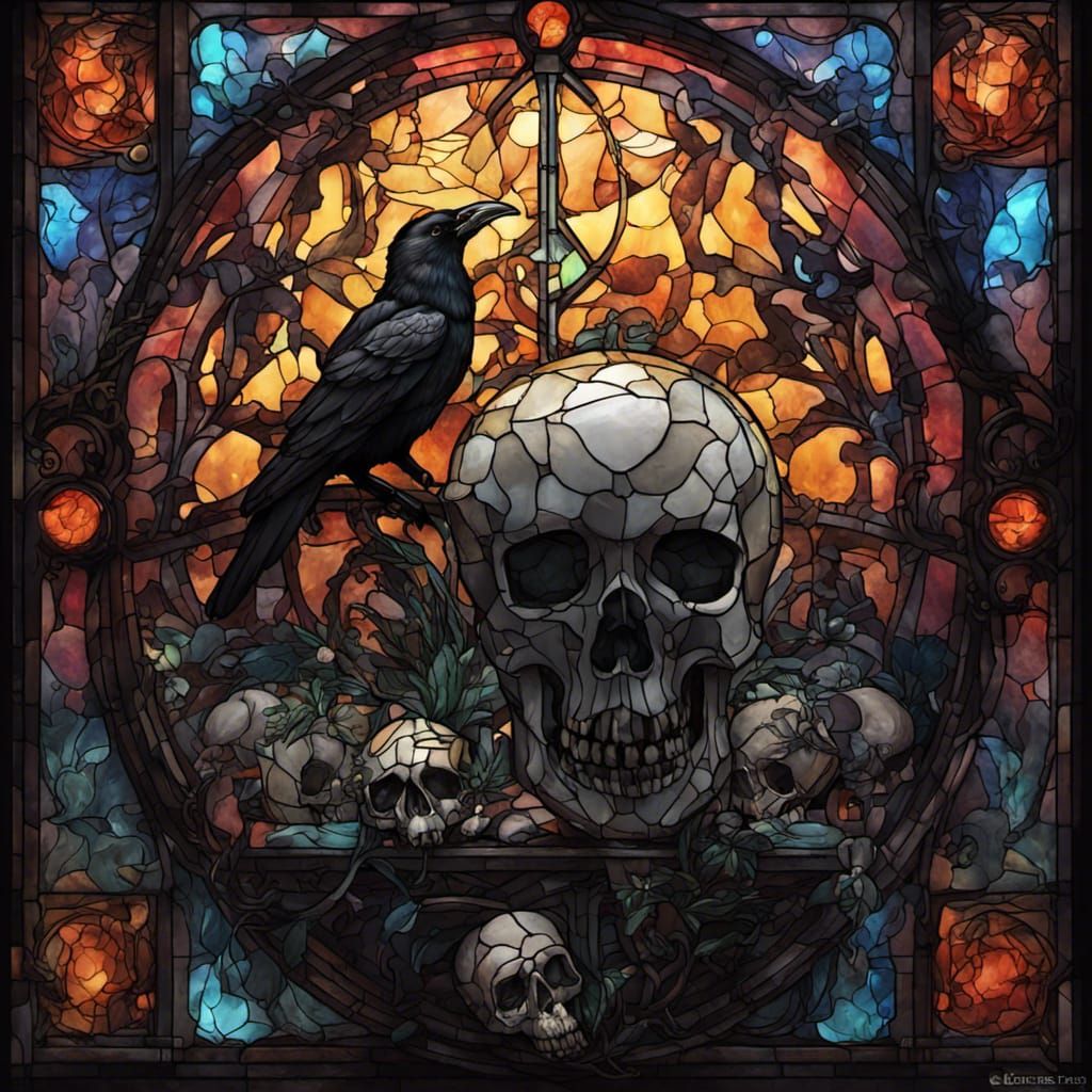 Ravens and Skulls Stained Glass Window Art
