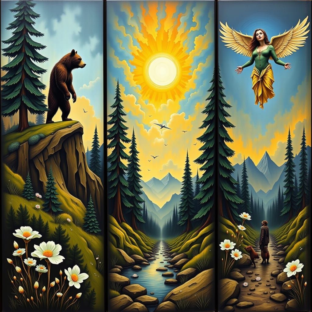 Triptych Featuring Bear, Icarus, and Otters as Impasto Art