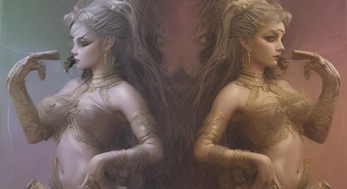 Shamhuresh (شمهورش) frank frezetta style fantasy women proto-elamite culture silver and gold talismans effigies chalice...