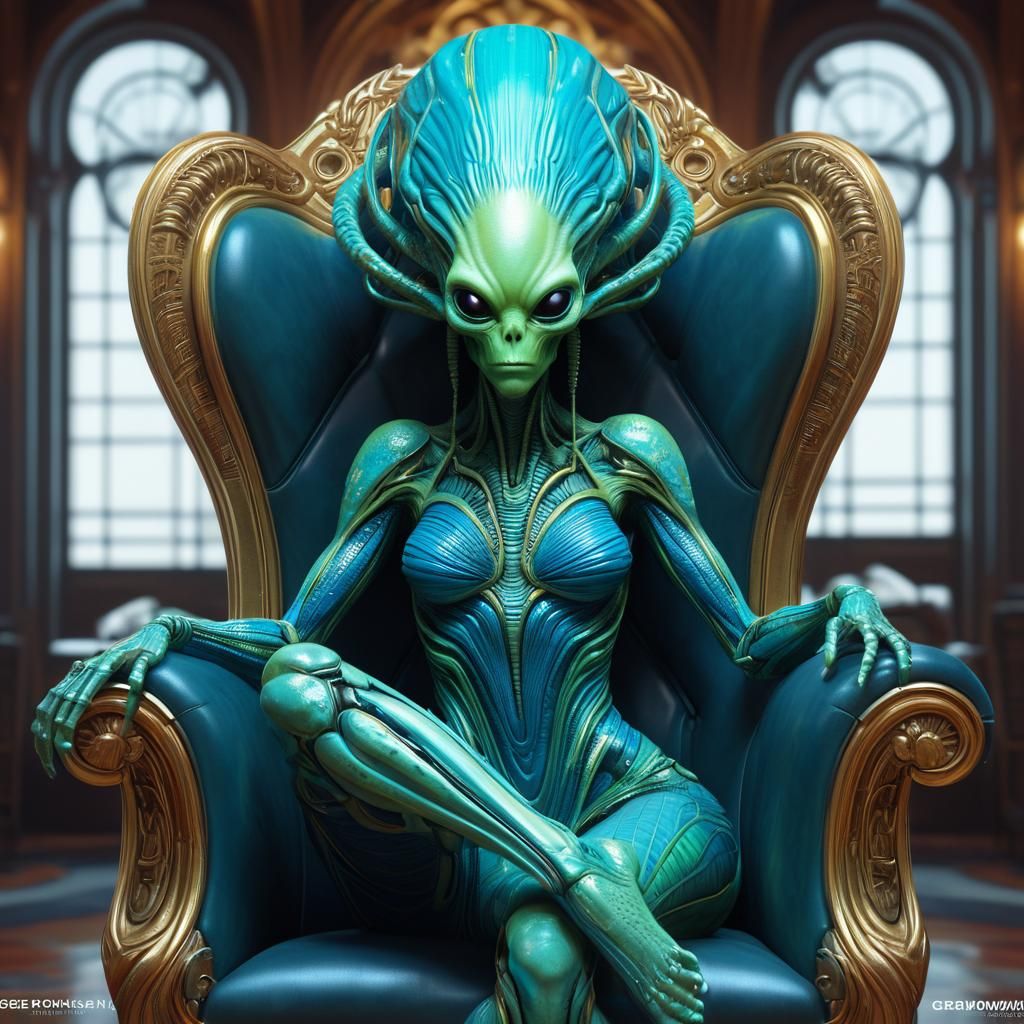 Alien Portrait with Wig in Ornate Chair