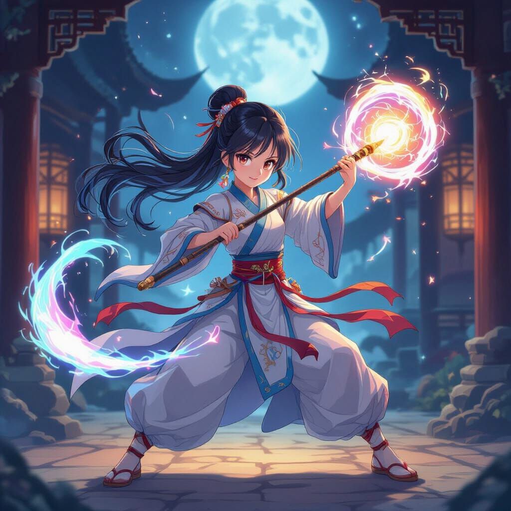 Anime Magical Girl in Kung Fu Pose at Ancient Temple